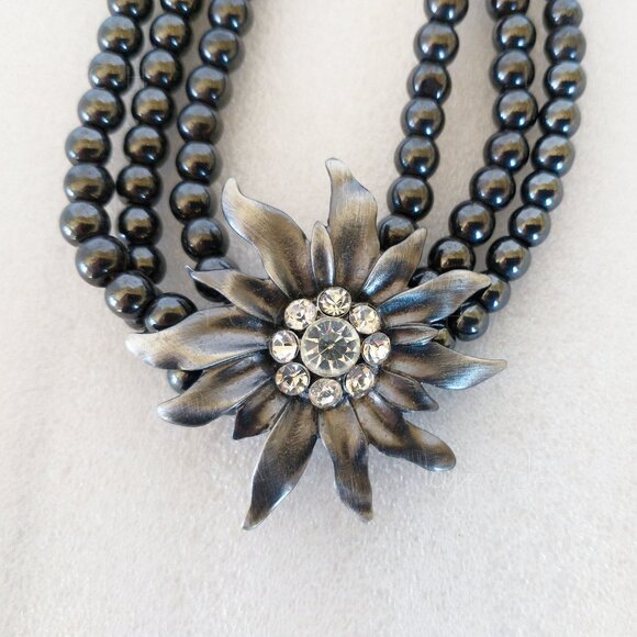 Handmade Floral Beaded Necklace Hematite Triple Layer Corsage Jewelry Whimsigoth - Picture 2 of 11